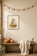 The Littlest Boo: a puppy in a ghost costume and yellow boots with a bag of treats, framed print on an autumn wall