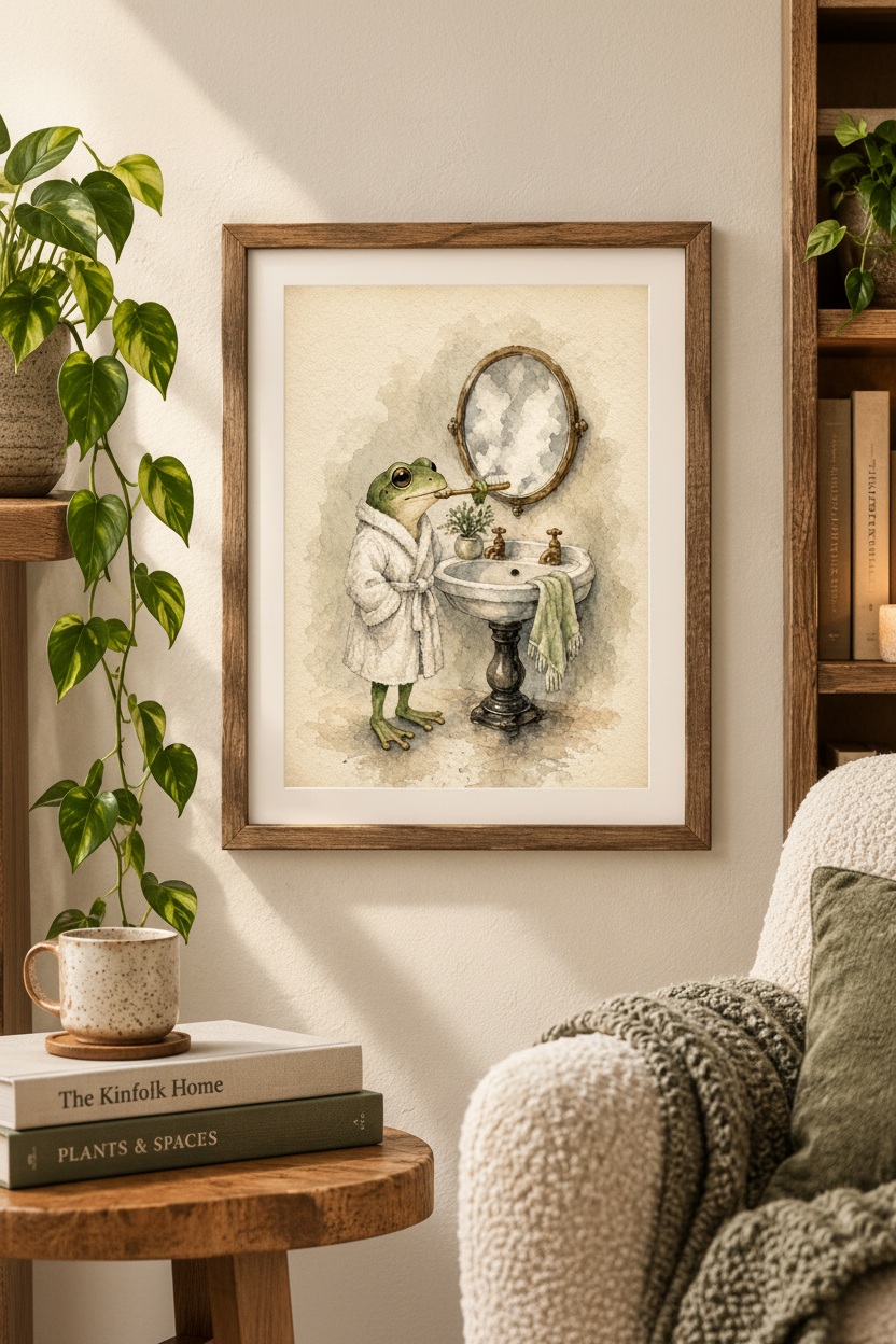 The Morning Routine: a frog in a white bathrobe brushing its teeth at a vintage sink, framed print in a cozy room