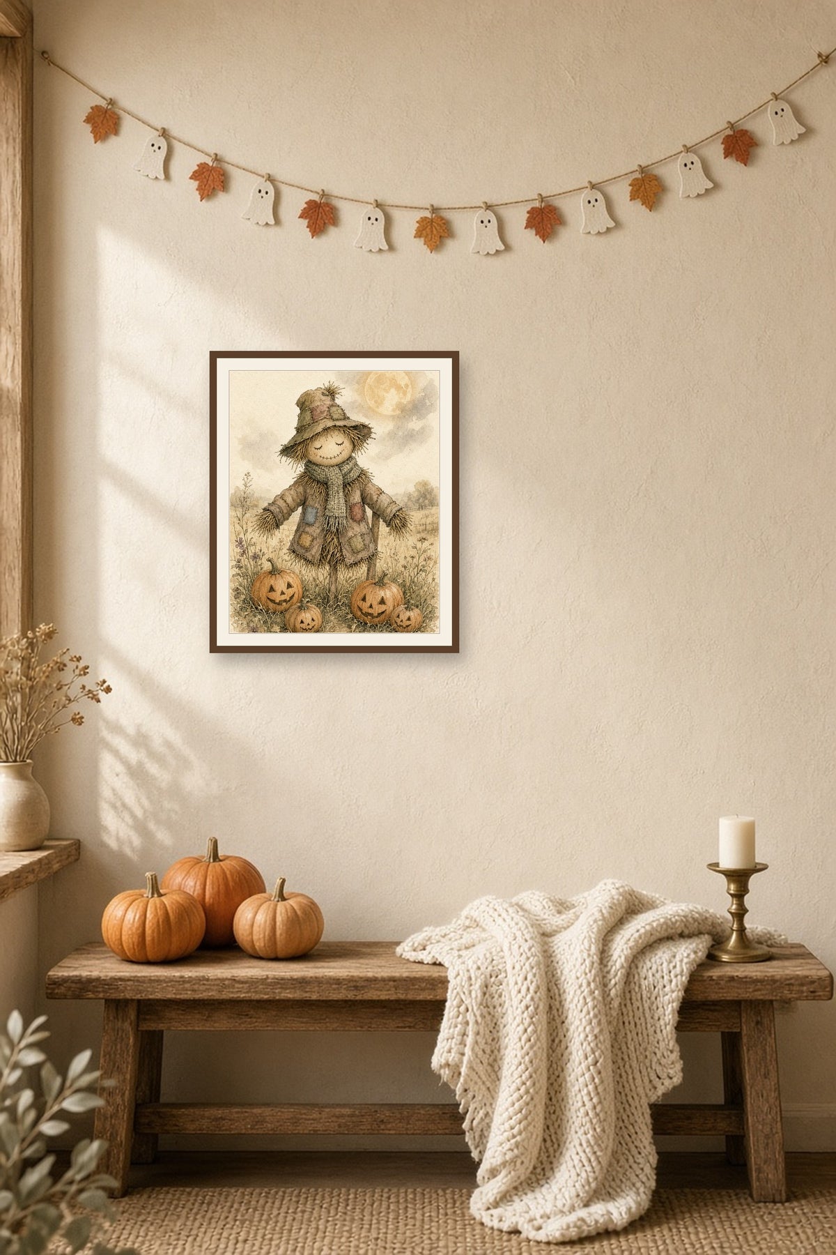 The Gentle Scarecrow: a scarecrow among jack-o’-lanterns beneath a golden moon, framed print on an autumn wall