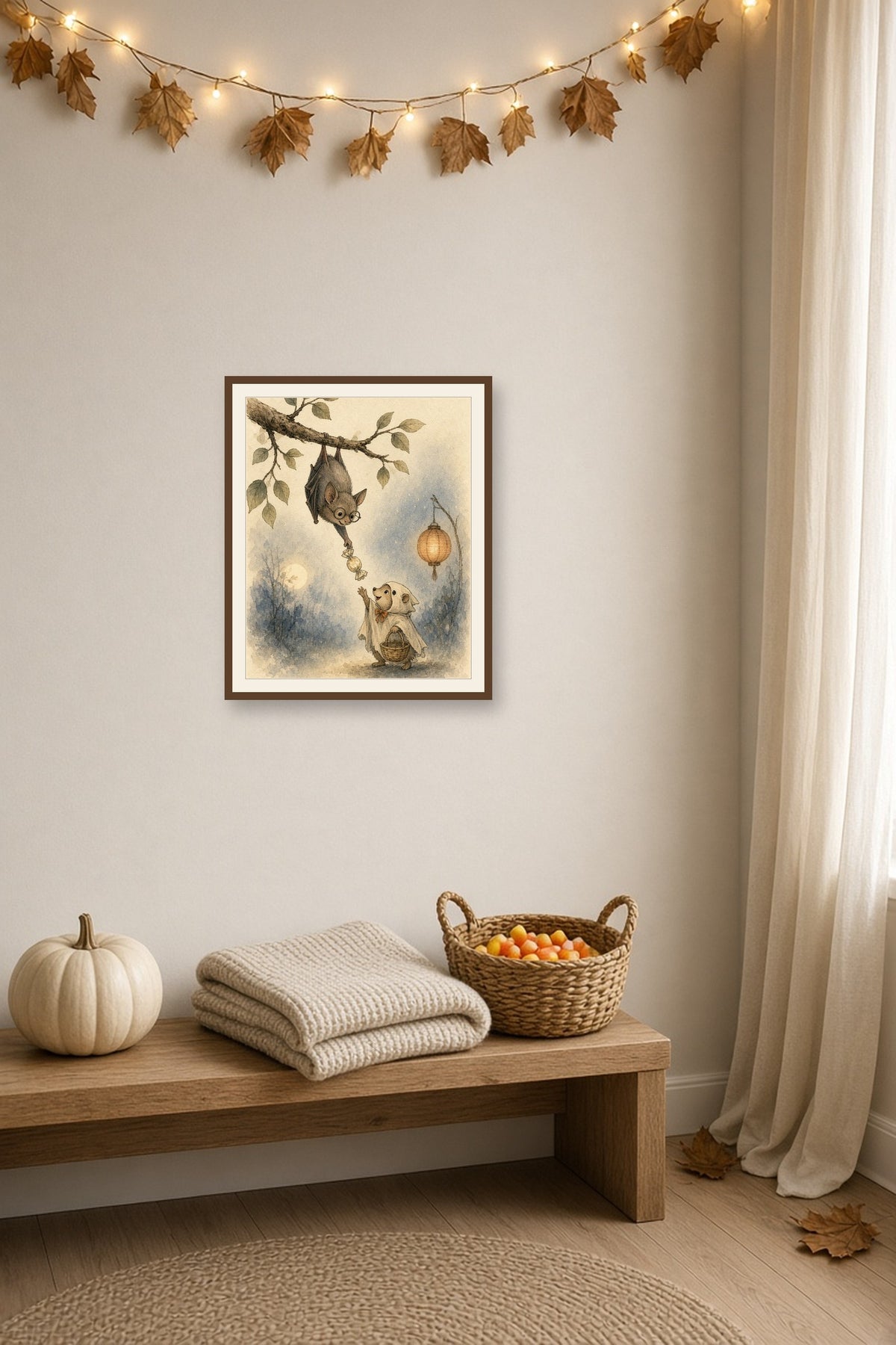 A Treat from Above: a bat offering a sweet to a tiny trick-or-treater in a ghost costume, framed print on an autumn wall