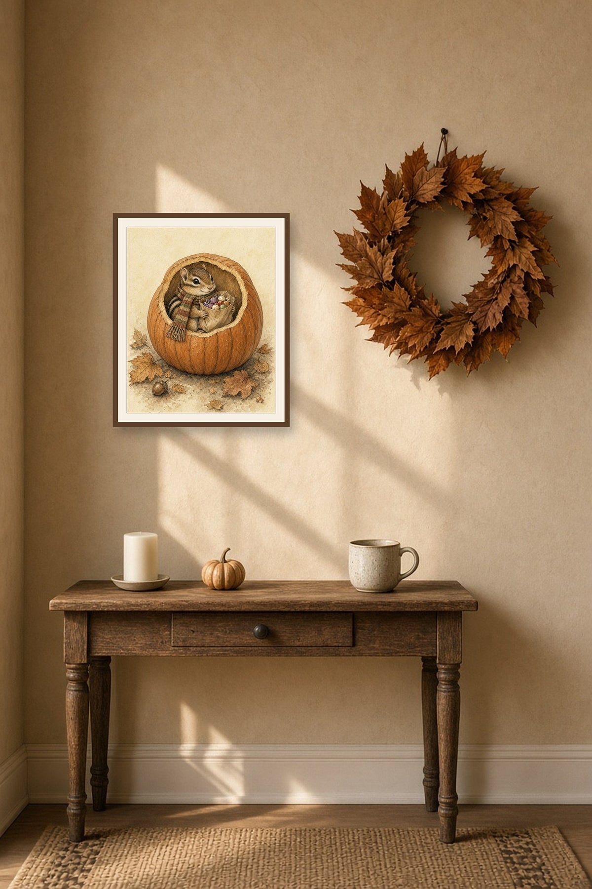 The Pumpkin Hideaway: a chipmunk in a scarf with a bag of sweets inside a pumpkin, framed print on an autumn wall