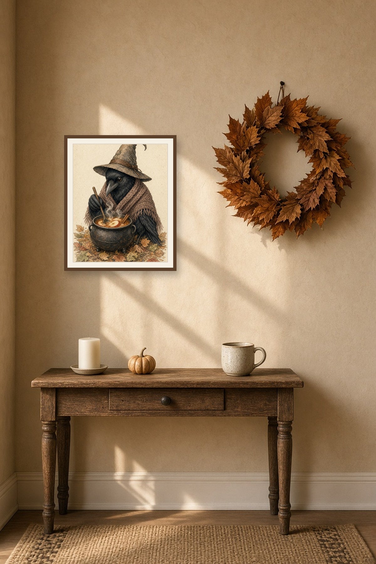 Cider for the Coven: a crow in a witch’s hat stirring a cauldron of cider, framed print on an autumn wall