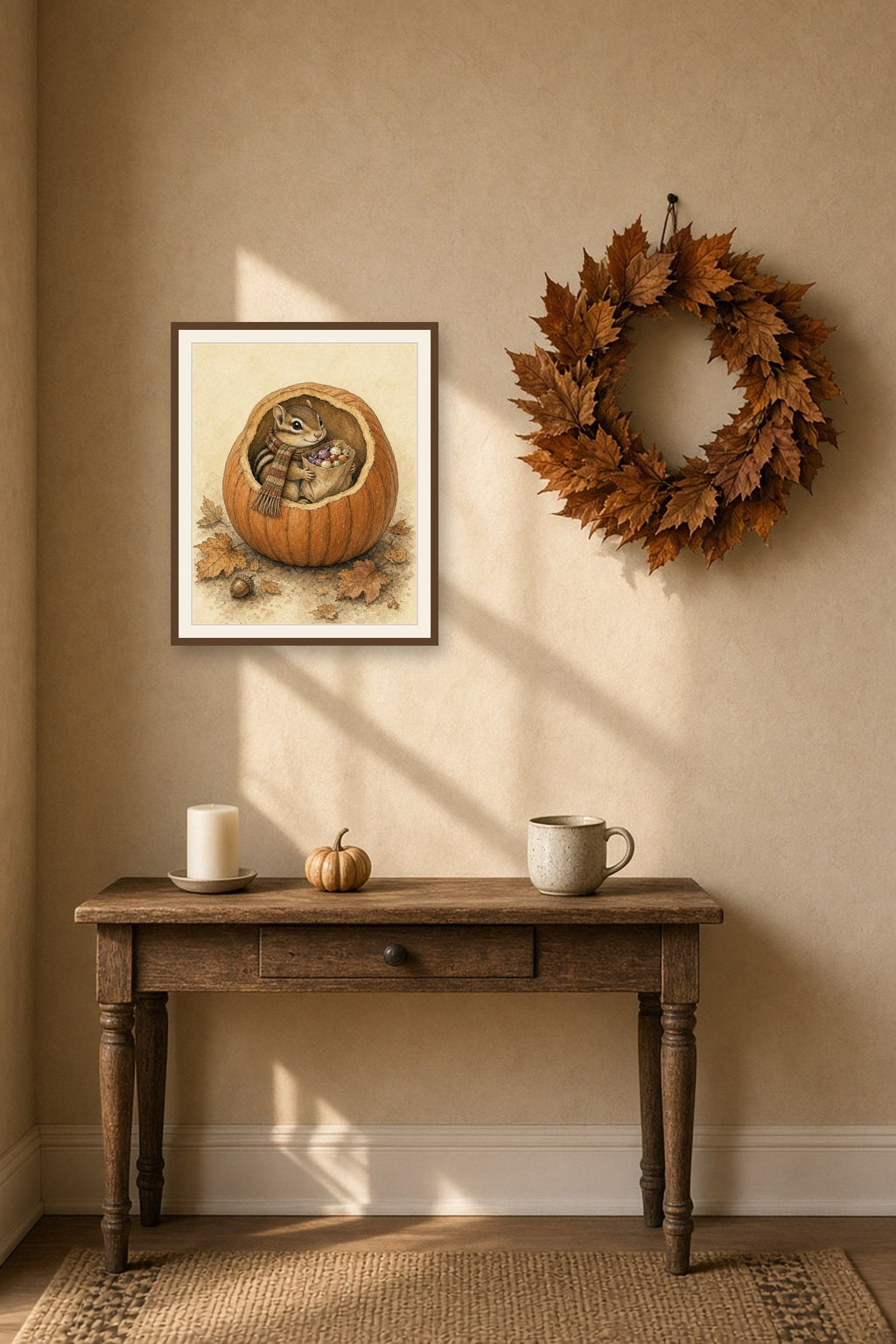 The Pumpkin Hideaway: a chipmunk in a scarf with a bag of sweets inside a pumpkin, framed print on an autumn wall