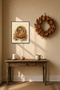 The Pumpkin Hideaway: a chipmunk in a scarf with a bag of sweets inside a pumpkin, framed print on an autumn wall