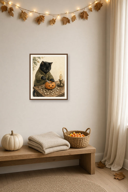 A Little October Magic: a black cat in a cardigan carving a jack-o’-lantern by candlelight, framed print on an autumn wall