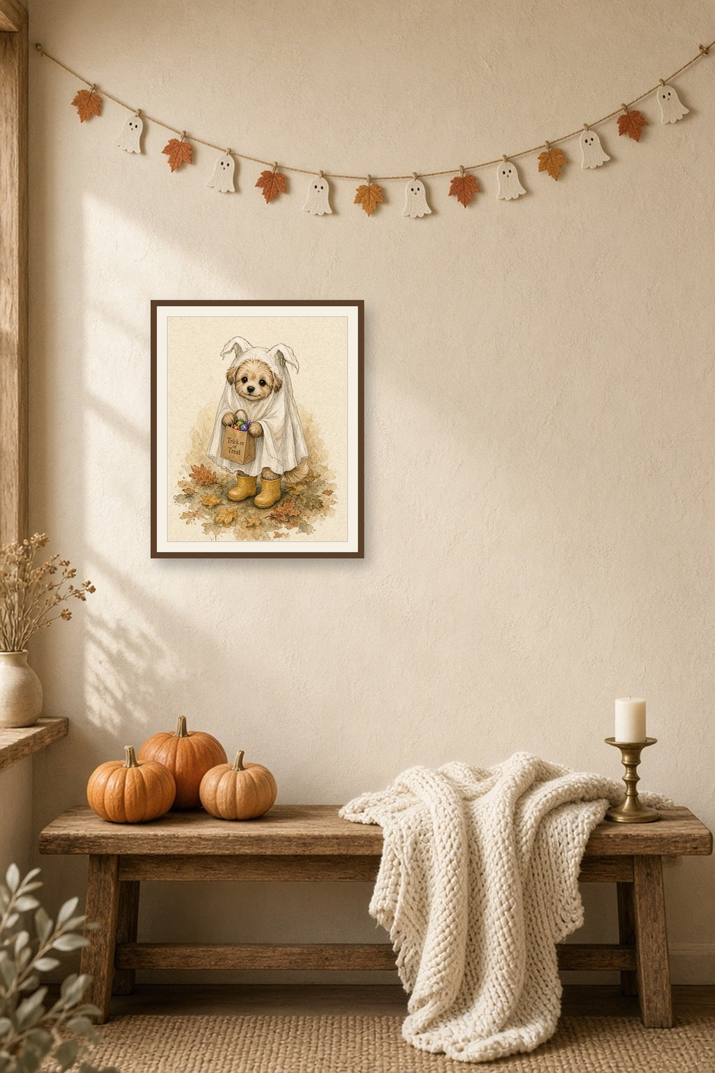 The Littlest Boo: a puppy in a ghost costume and yellow boots with a bag of treats, framed print on an autumn wall