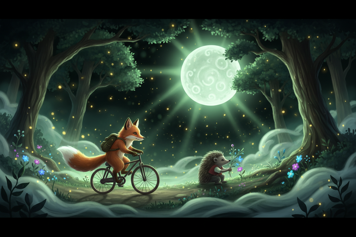 A whimsical fantasy illustration of a fox riding a bicycle through a glowing moonlit forest, with a hedgehog holding flowers nearby. The scene is framed by dark tree trunks and filled with sparkling golden lights and soft misty waves.