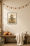 The Gentle Scarecrow: a scarecrow among jack-o’-lanterns beneath a golden moon, framed print on an autumn wall