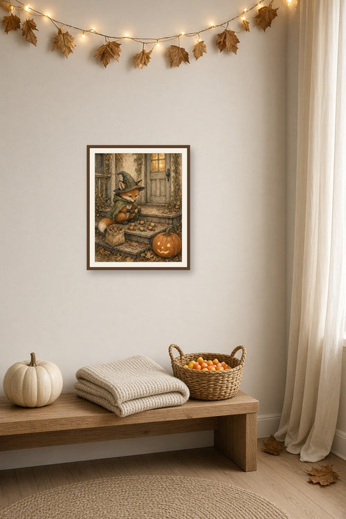 A Careful Count of Sweets: a fox in a witch’s hat sorting candy on porch steps beside a jack-o’-lantern, framed print in a cozy room