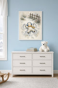 A Perfect Snow Angel: a woolly lamb in blue earmuffs and a mustard scarf making a snow angel by a wooden fence, framed print in a bright kids' room