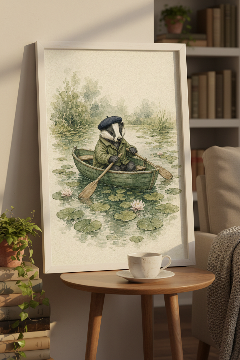 A Quiet Little Crossing: a badger in a beret rowing through water lilies, framed print in a cozy room