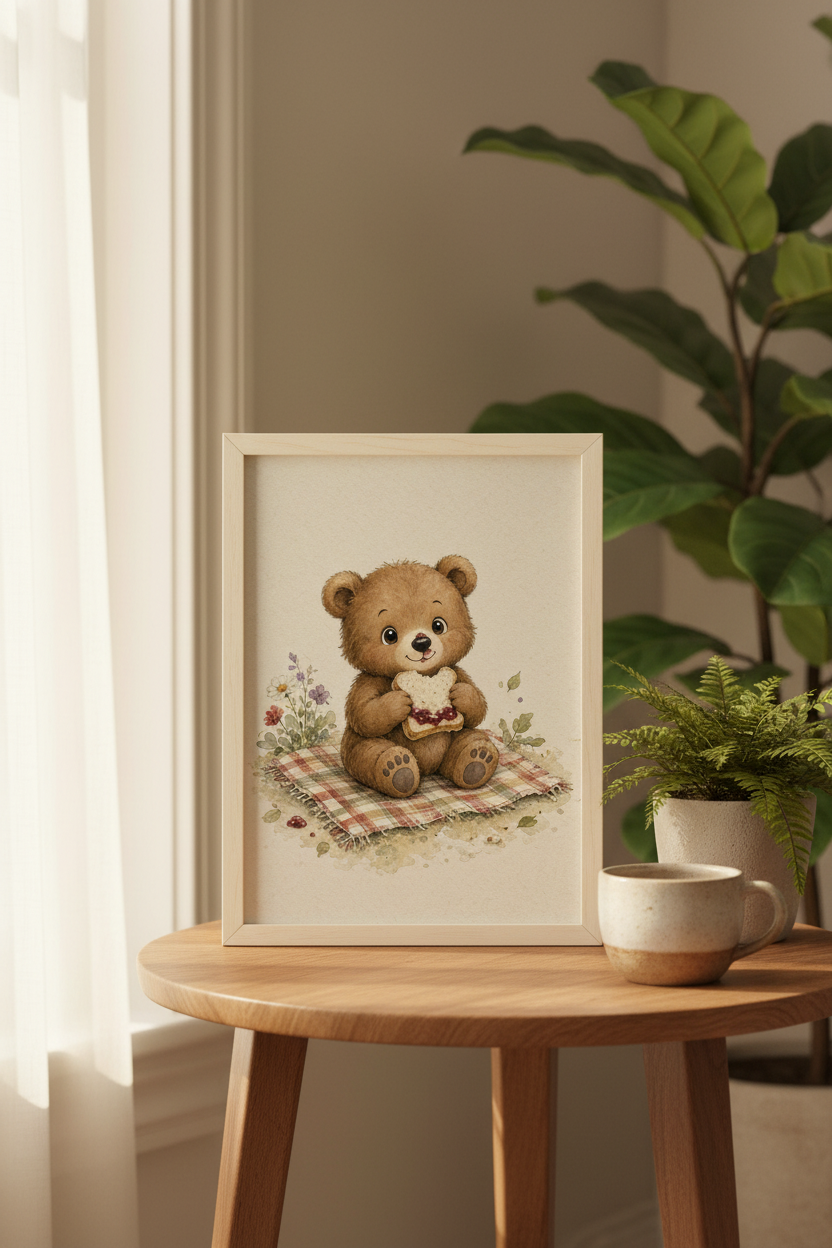The Sweetest Little Picnic: a bear with a jam sandwich on a picnic blanket, framed print in a cozy room