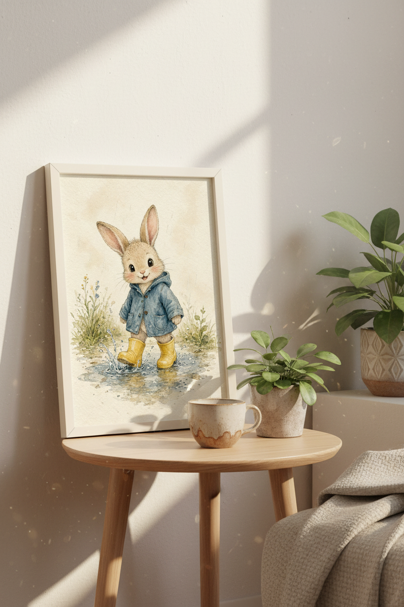 Puddle Season: a bunny in a blue raincoat and yellow boots splashing in a puddle, framed print in a cozy room