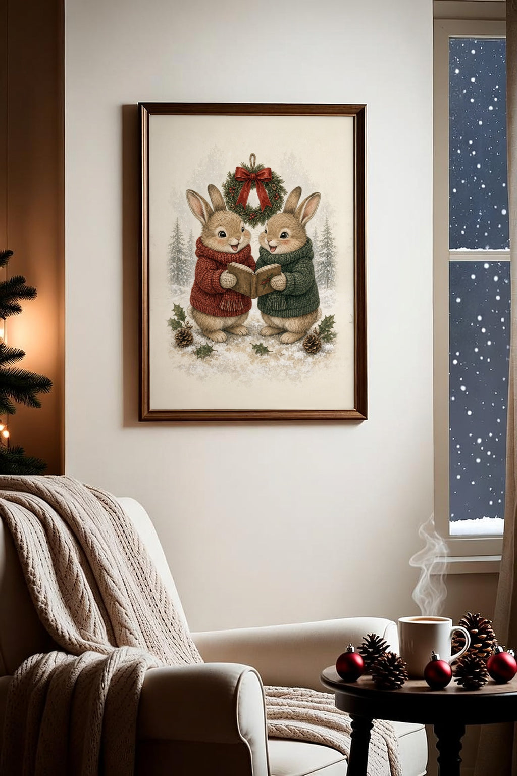 Cheerful Carolers: two rabbits in red and green sweaters holding a songbook under a Christmas wreath, framed print in a cozy room