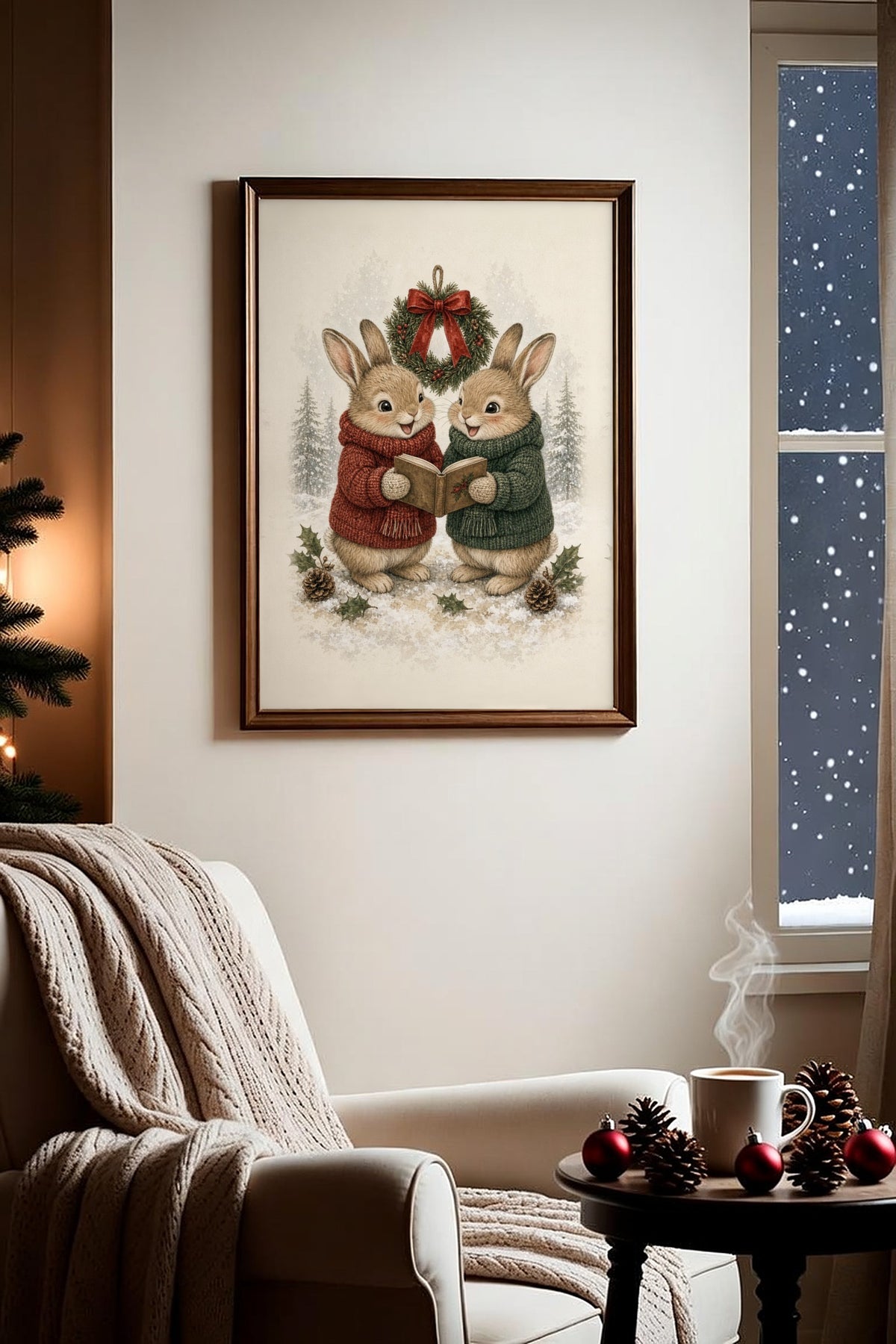 Cheerful Carolers: two rabbits in red and green sweaters holding a songbook under a Christmas wreath, framed print in a cozy room