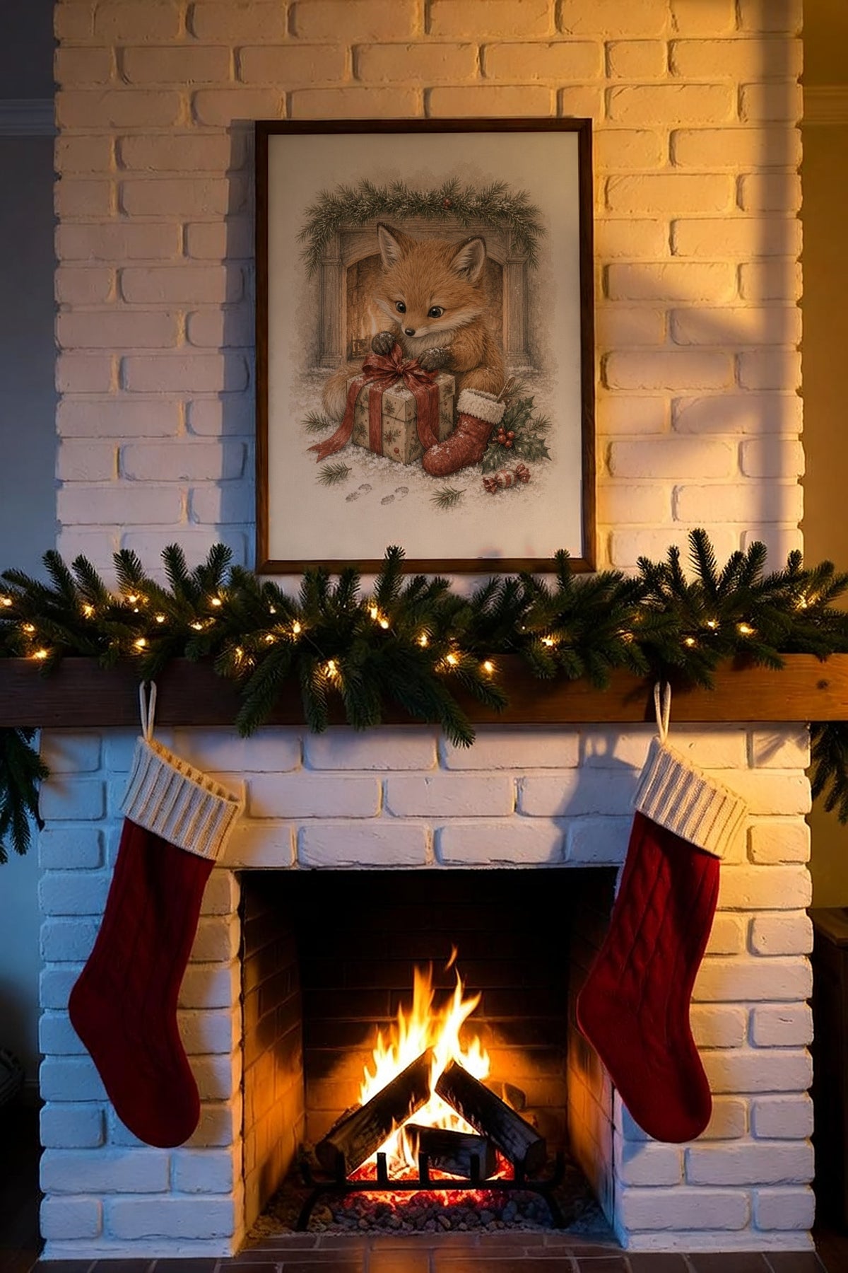 Christmas Morning: a fox opening a wrapped gift by a stone fireplace with a stocking and pine garland, framed print in a cozy room