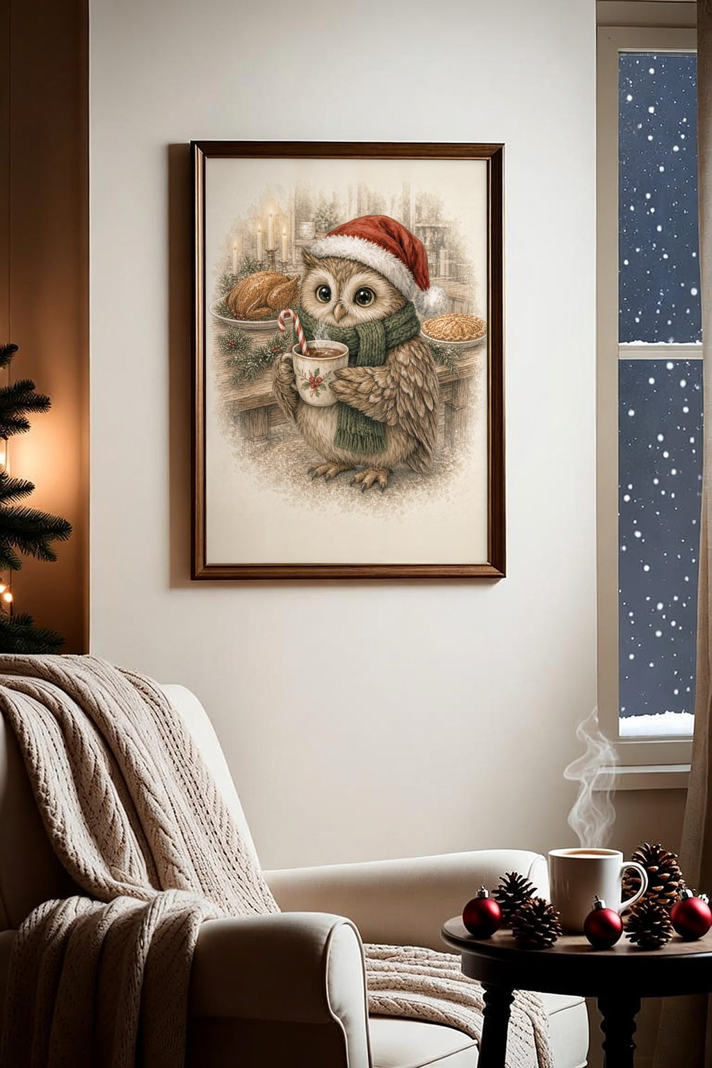 Cocoa Before Dinner: a round owl in a red Santa hat and green scarf holding a holly-trimmed cocoa mug, framed print in a cozy room