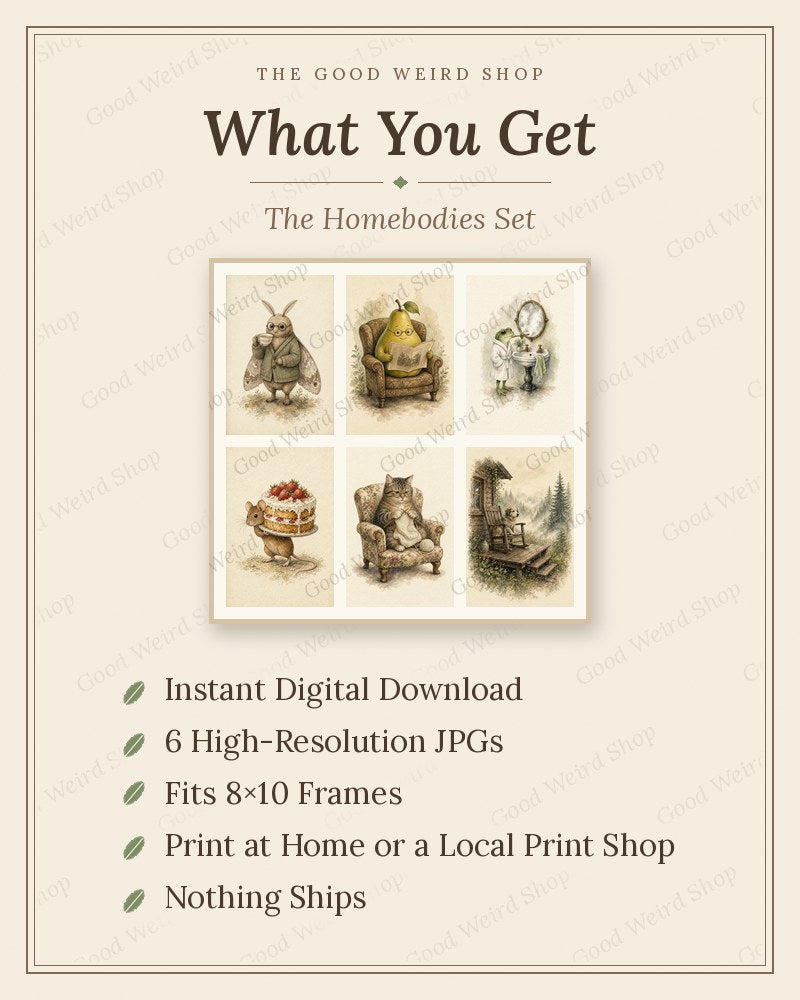 The Homebodies Set, what you get: 8x10 printable digital download
