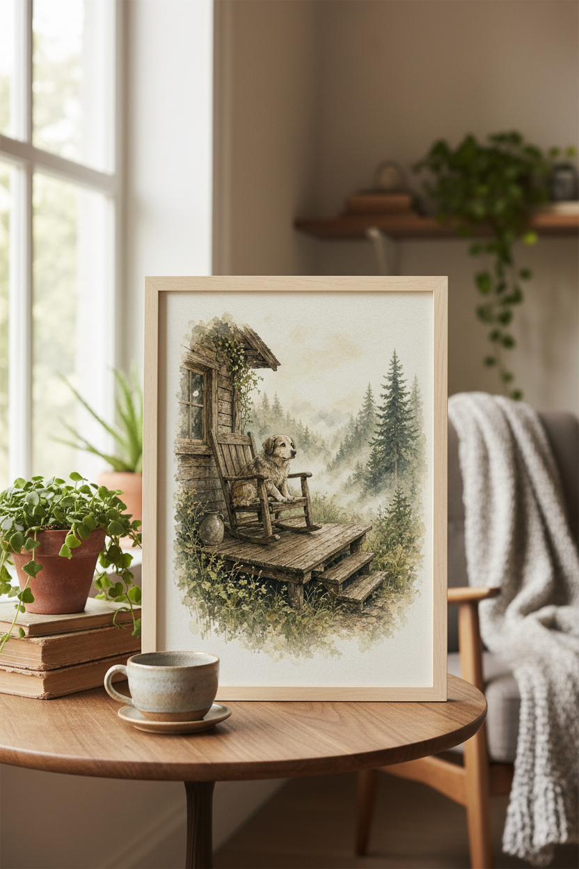 The Porch Watch: a shaggy dog in a rocking chair on a cabin porch, framed print in a cozy room
