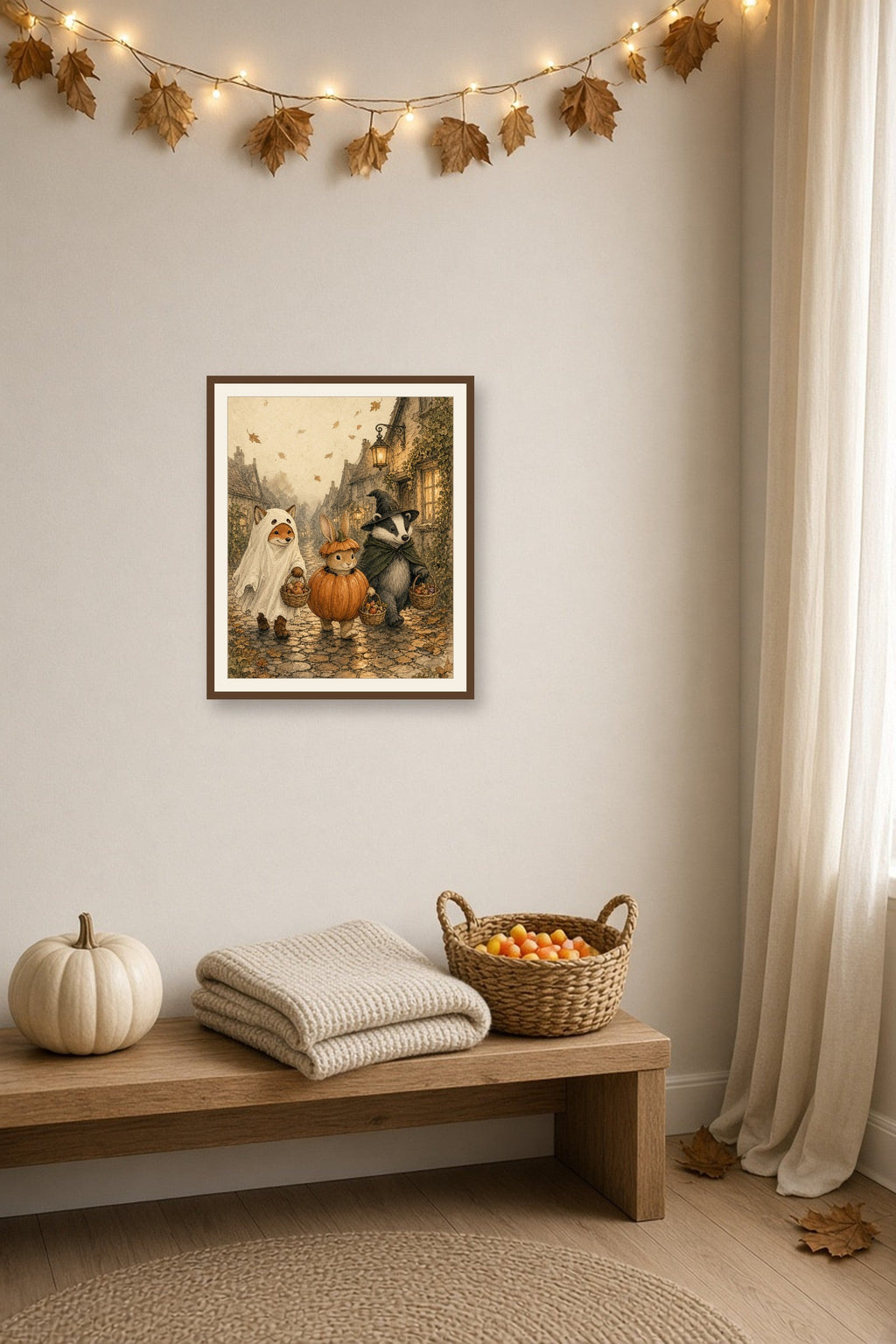 Down the Lantern Lane: a fox, a rabbit and a badger in costumes trick-or-treating down a cobblestone lane, framed print in a cozy room