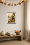Down the Lantern Lane: a fox, a rabbit and a badger in costumes trick-or-treating down a cobblestone lane, framed print in a cozy room