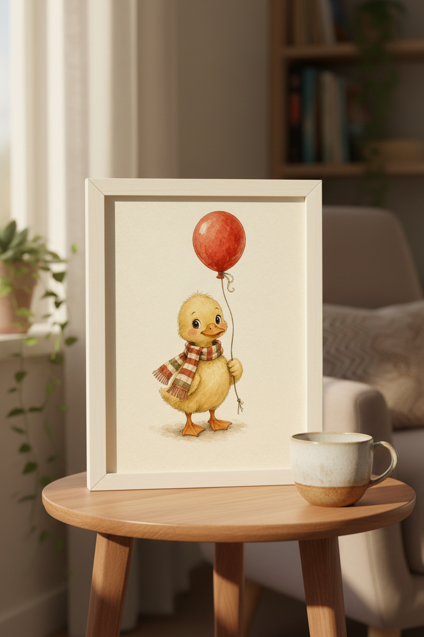 A Balloon for the Journey: a duckling in a striped scarf holding a red balloon, framed print in a cozy room