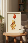 A Balloon for the Journey: a duckling in a striped scarf holding a red balloon, framed print in a cozy room