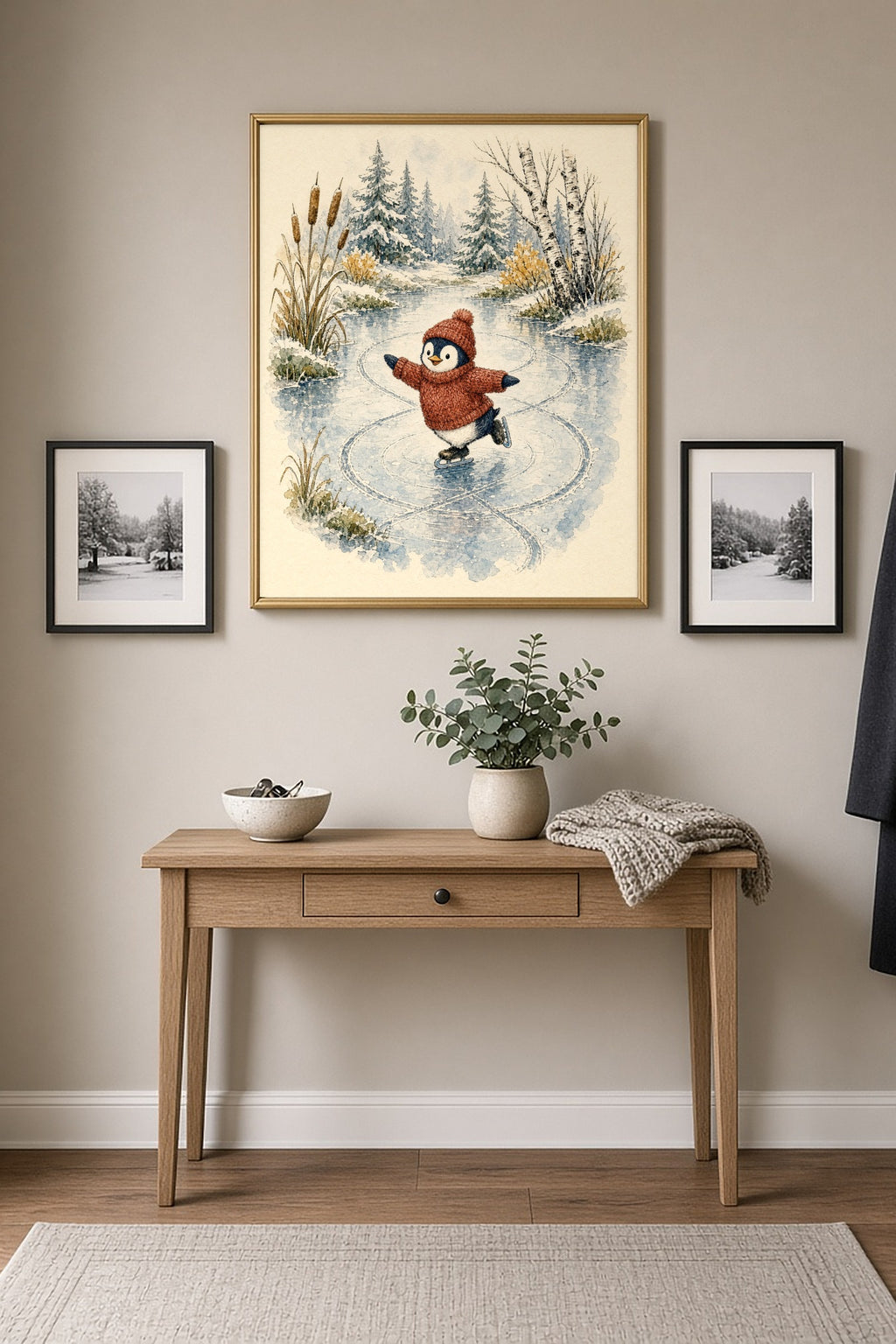 Figure Eights: a penguin in a red sweater and pom-pom hat ice skating figure eights on a frozen pond with cattails and birches, framed print on a hallway gallery wall