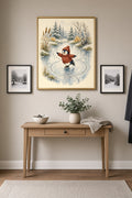 Figure Eights: a penguin in a red sweater and pom-pom hat ice skating figure eights on a frozen pond with cattails and birches, framed print on a hallway gallery wall