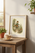 The Scenic Route: a fox riding a bicycle down a woodland path, framed print in a cozy room