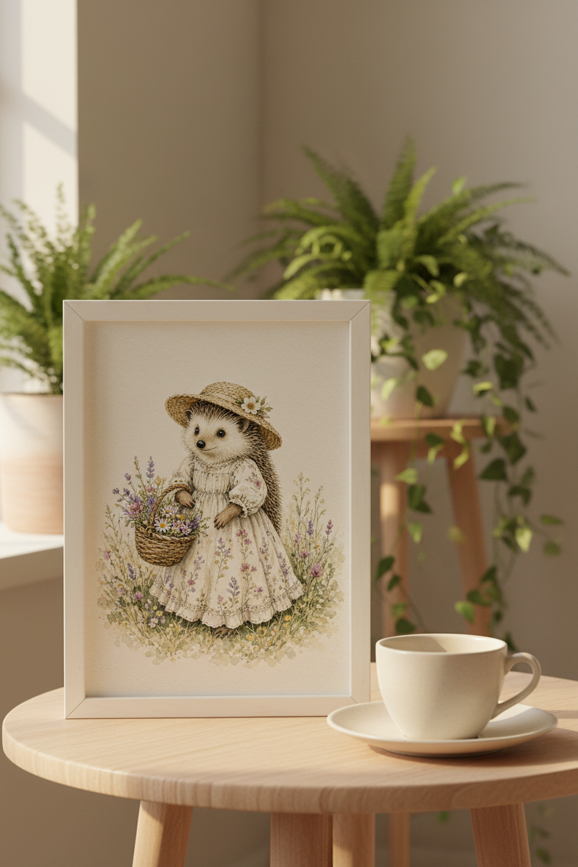 Wandering The Wildflowers: a hedgehog in a sunhat carrying a flower basket, framed print in a cozy room