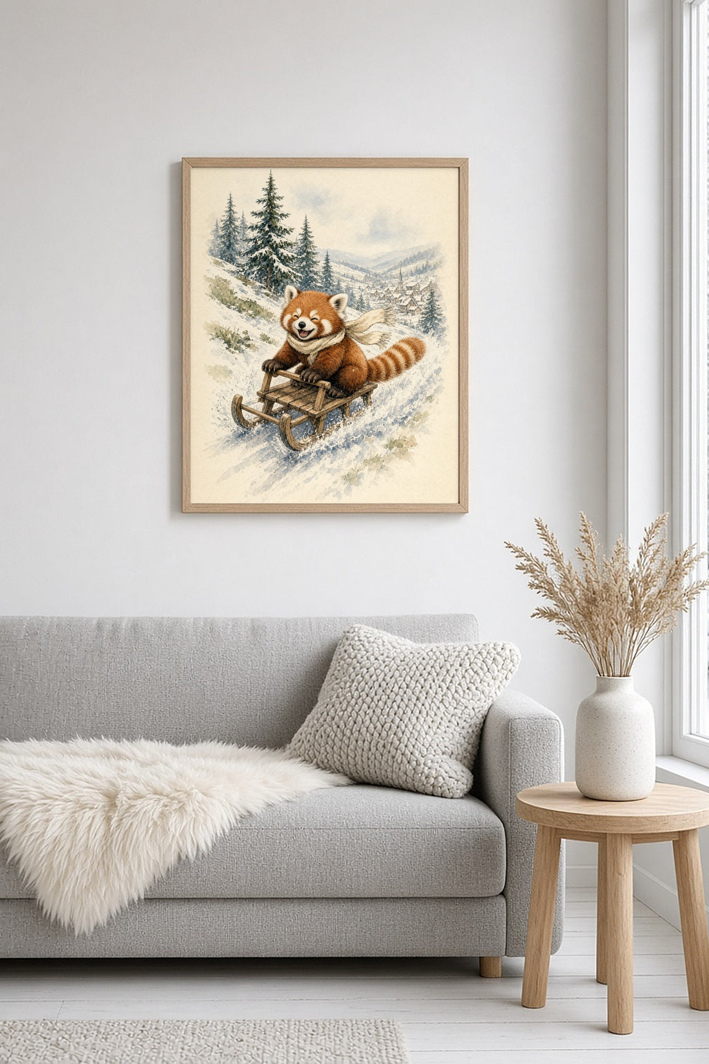 Hold On Tight: a red panda in a cream scarf sledding down a snowy hill on a wooden sled past pine trees, framed print in a Scandinavian living room