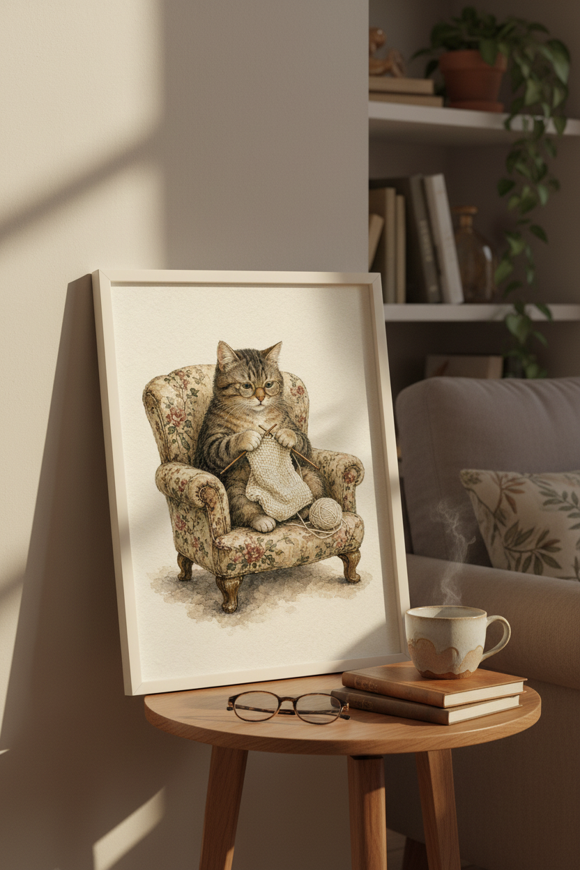 One More Row: a cat knitting in a floral armchair, framed print in a cozy room