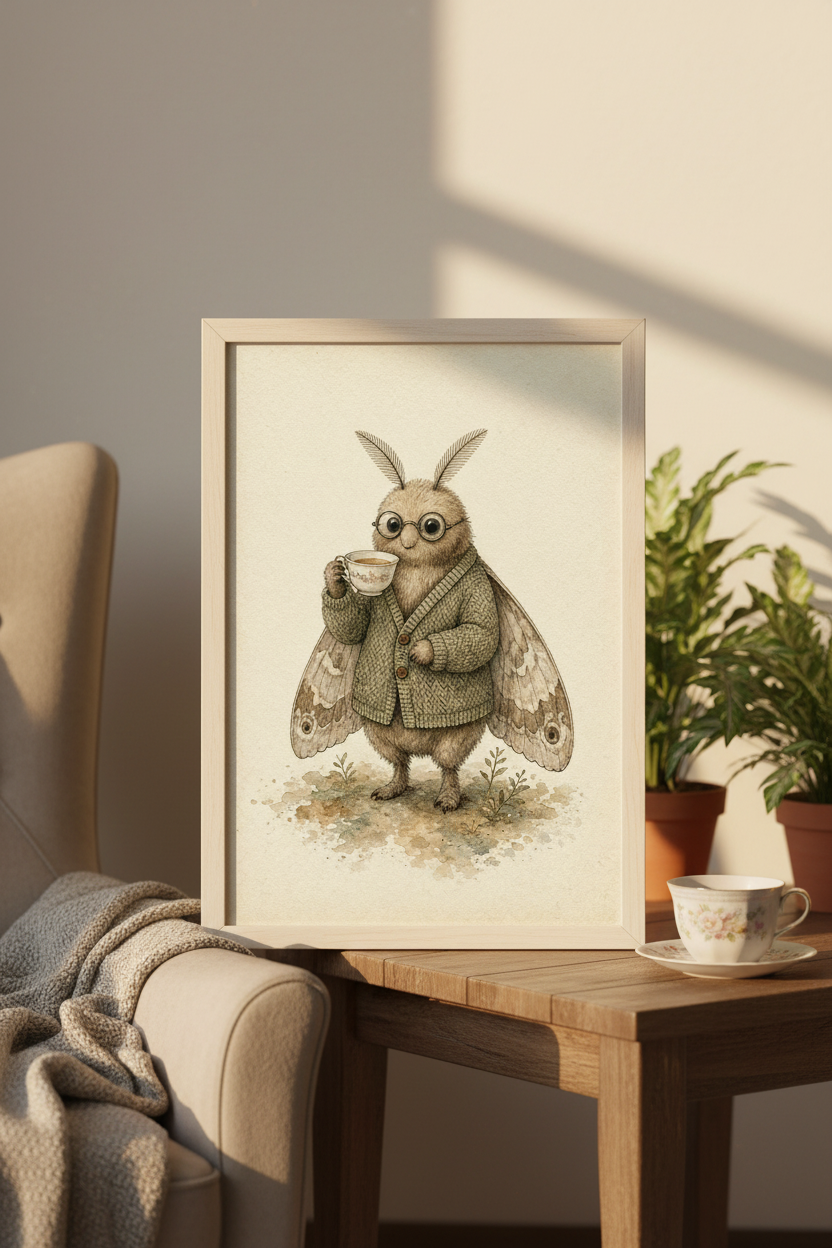 Tea Before Twilight: a moth in round glasses and a cardigan holding a teacup, framed print in a cozy room