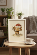 A Very Important Cake: a little mouse carrying a strawberry layer cake, framed print in a cozy room