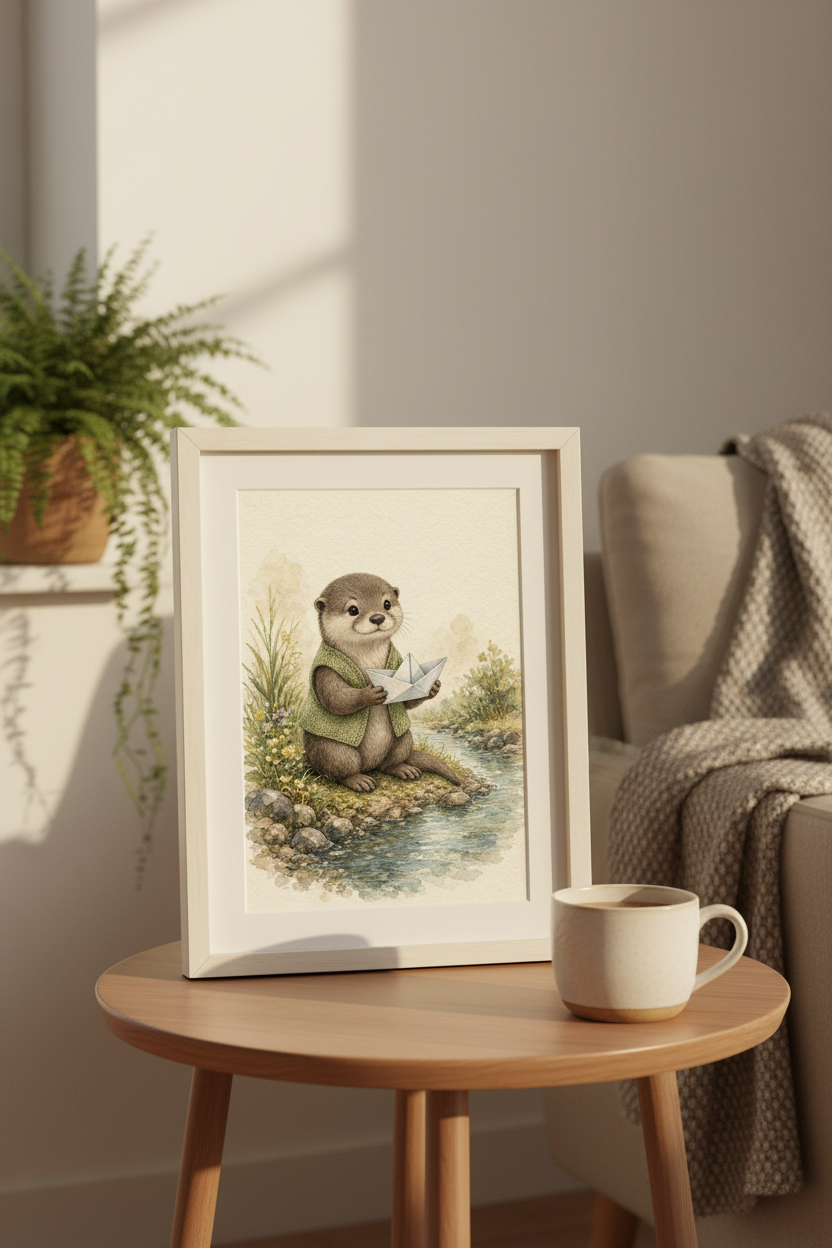 A Little Boat, A Big Adventure: an otter holding a paper boat beside a stream, framed print in a cozy room