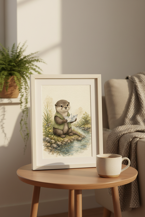 A Little Boat, A Big Adventure: an otter holding a paper boat beside a stream, framed print in a cozy room