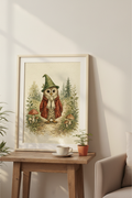 The Keeper of the Woodland Path: an owl in a tall green hat among woodland mushrooms, framed print in a cozy room