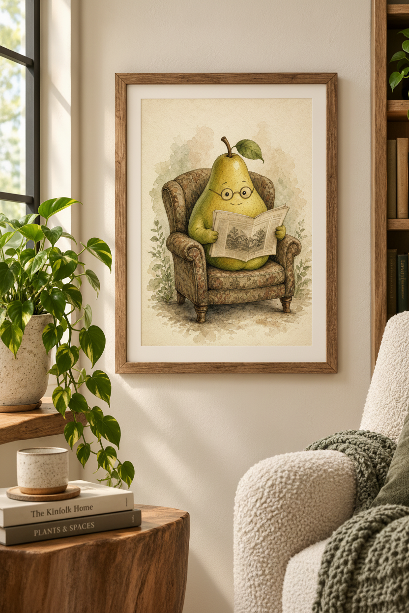 The Sunday Paper: a pear in round glasses reading the paper in an armchair, framed print in a cozy room