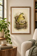 The Sunday Paper: a pear in round glasses reading the paper in an armchair, framed print in a cozy room