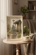 A Day In The Rain: a pigeon in a raincoat beside a rustic shelter, framed print in a cozy room