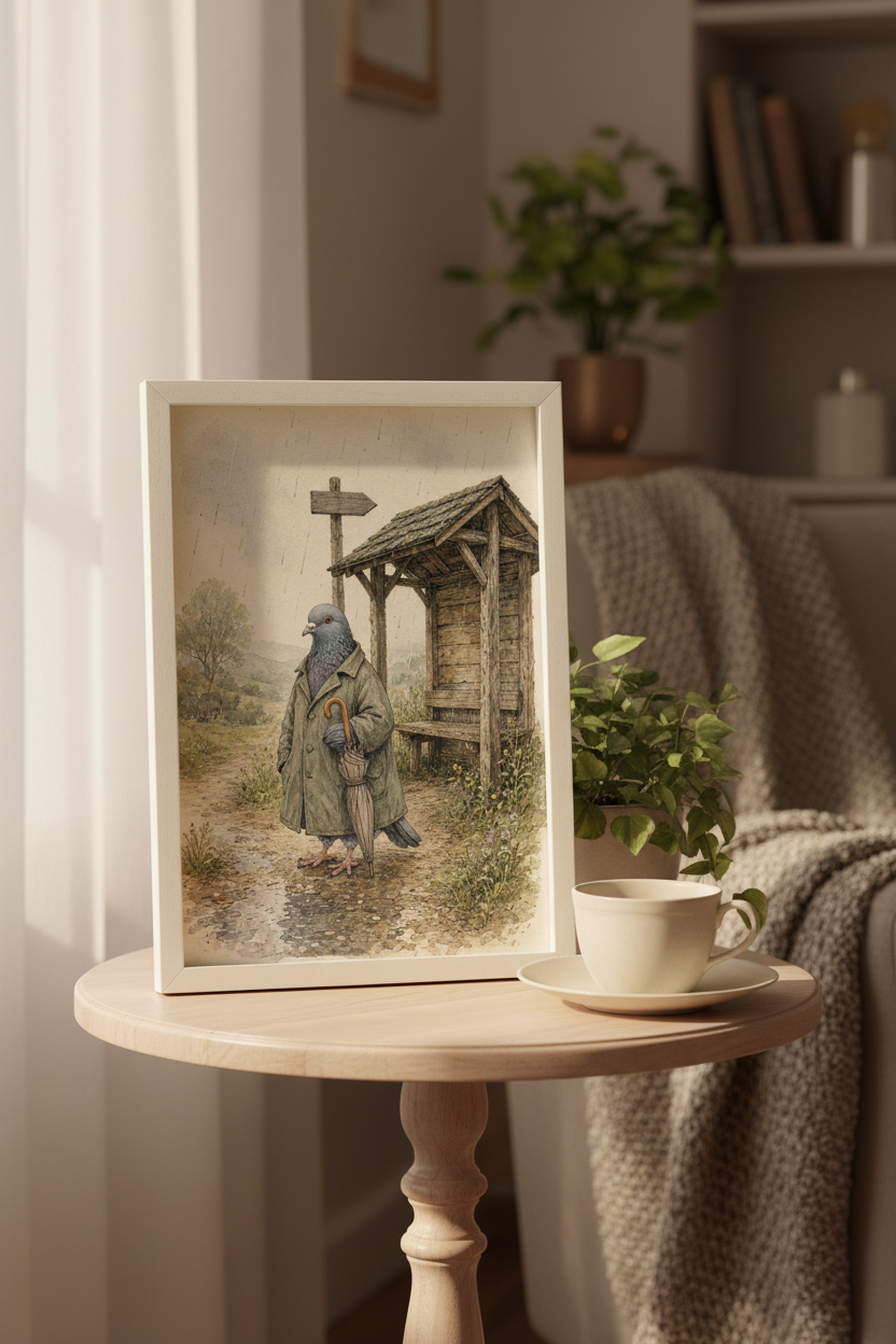 A Day In The Rain: a pigeon in a raincoat beside a rustic shelter, framed print in a cozy room