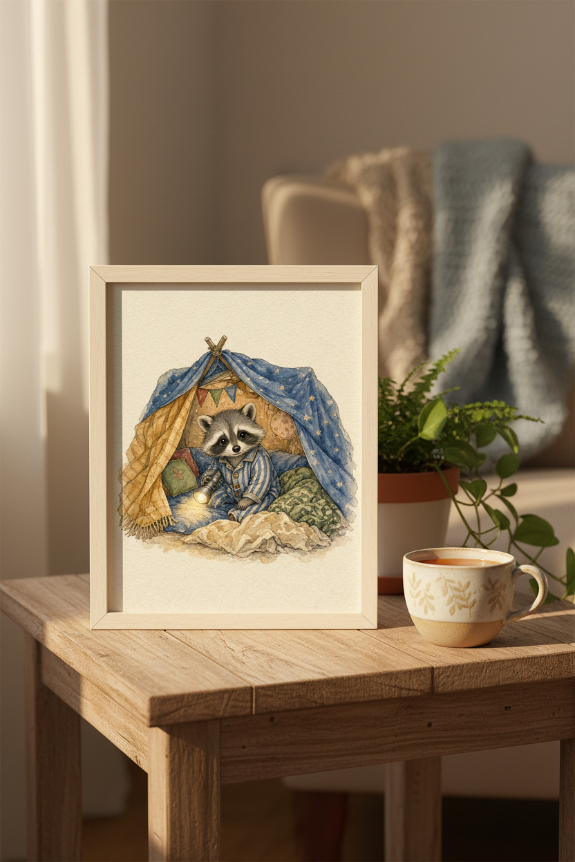 The Midnight Fort: a raccoon in pajamas in a starry blanket fort, framed print in a cozy room