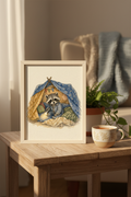 The Midnight Fort: a raccoon in pajamas in a starry blanket fort, framed print in a cozy room