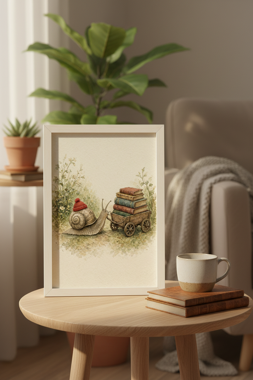 The Long Way to the Library: a snail in a red knit hat pulling a wagon of books, framed print in a cozy room