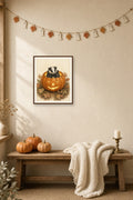 Snug as a Jack-o'-Lantern: a badger in a hooded cloak tucked inside a carved jack-o’-lantern among autumn leaves, framed print in a cozy room
