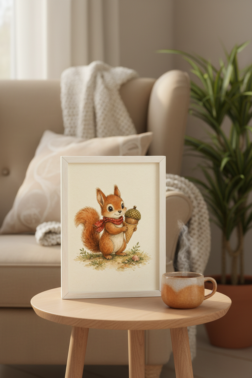 A Scoop of Autumn: a squirrel in a red scarf holding an acorn-shaped ice cream cone, framed print in a cozy room