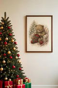 Stitched for Christmas: a bear in glasses knitting a red-and-green Christmas stocking in an armchair, framed print in a cozy room