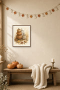 The Shyest Trick-or-Treater: a small sheet ghost with a Happy Halloween bag beside a stack of pumpkins, framed print in a cozy room