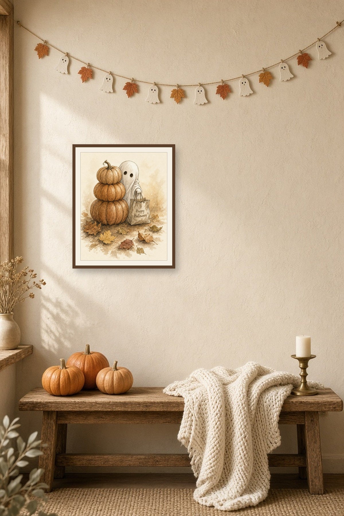 The Shyest Trick-or-Treater: a small sheet ghost with a Happy Halloween bag beside a stack of pumpkins, framed print in a cozy room